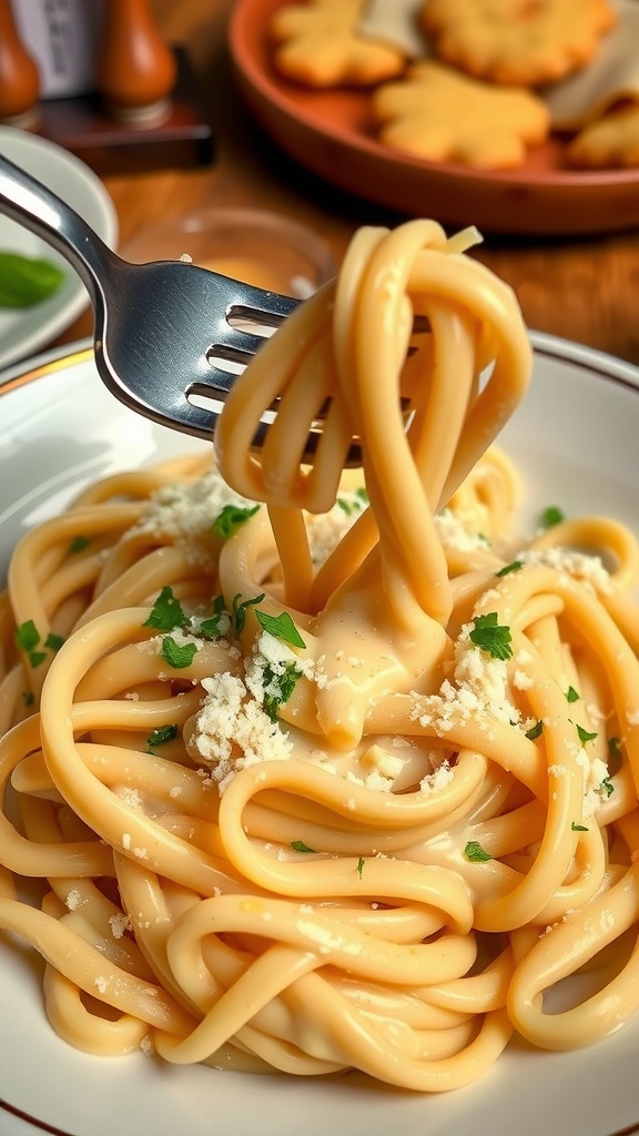 Quick and Creamy Olive Garden Alfredo Sauce Copycat Fettuccine pasta in creamy Alfredo sauce, garnished with Parmesan and parsley, on a rustic table.